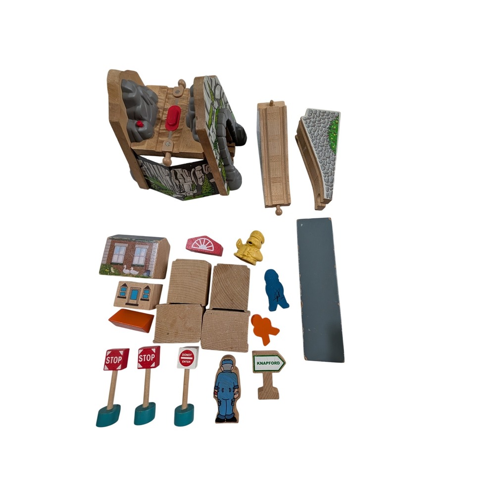 Wooden Railway Train Track Accessory Lot Mountain Tunnel Signs Figures Blocks